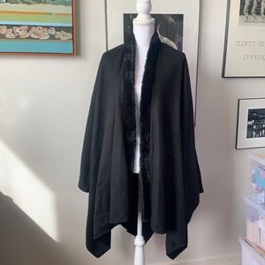 Black Long Shawl/Cape with Faux Fur Trim